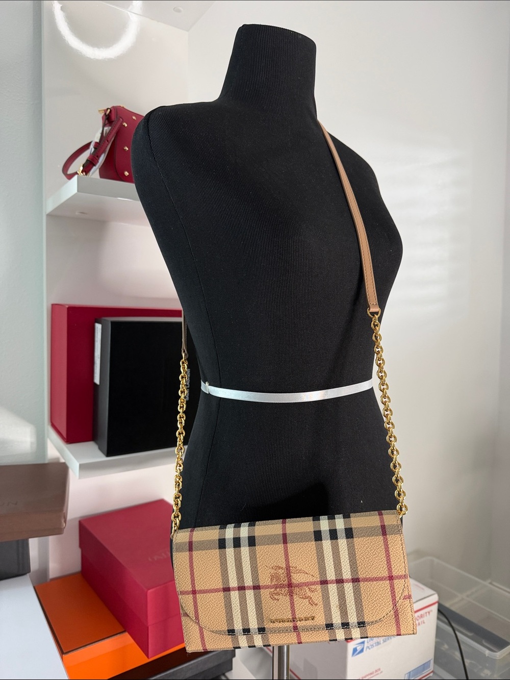 Burberry Beige Vintage Check Chain Shoulder Bag with Tan Strap As Is